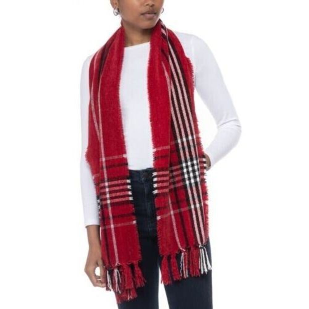 Charter Club Red Chenille Super SOFT Plaid Frayed Knotted Fringe Scarf Sz OS $30